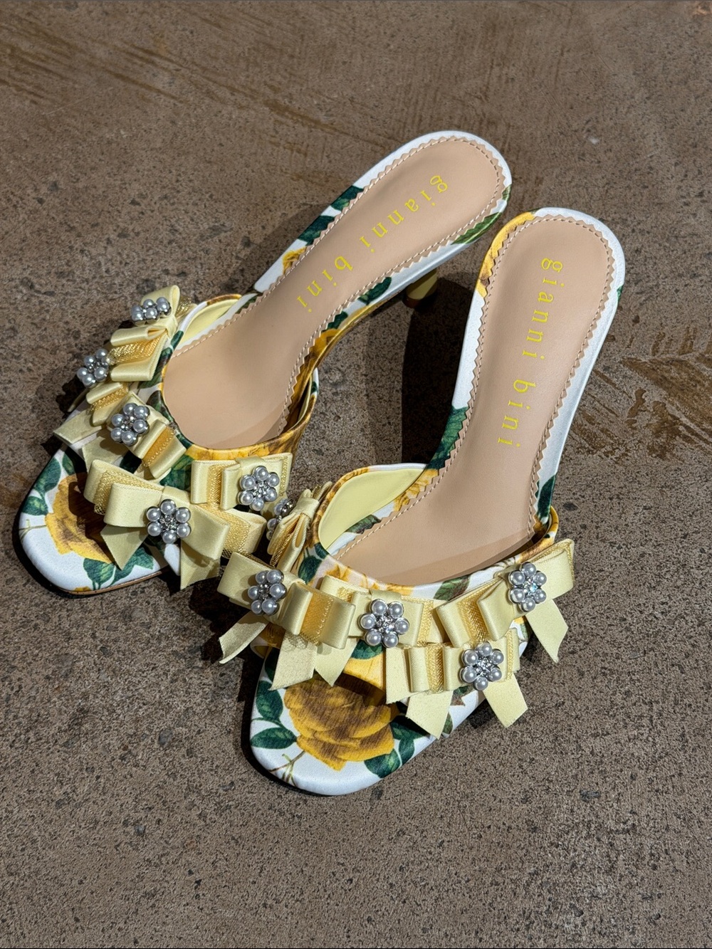 Gianni Bini Lele Yellow Petal Rhinestone and Pearl Embellished Kitten Heels